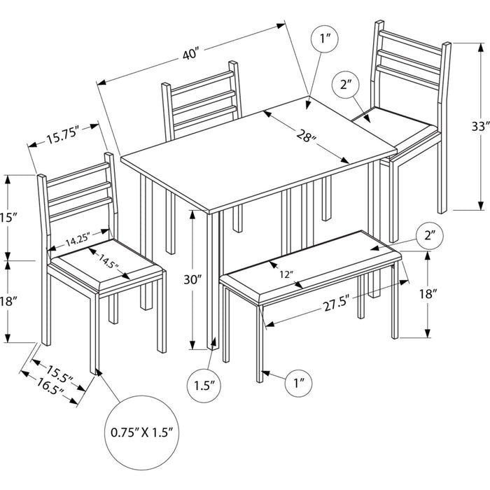 5 Piece Dining Set - 1 Table, 3 Chairs, 1 Bench