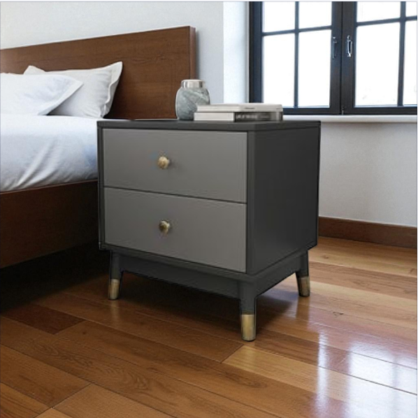 Contemporary Grey Bedside Table with Brass Accents - Modern Sophistication