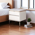 Modern Bedside Table with Glass Top – White & Khaki Grey, 2-Drawer Nightstand
