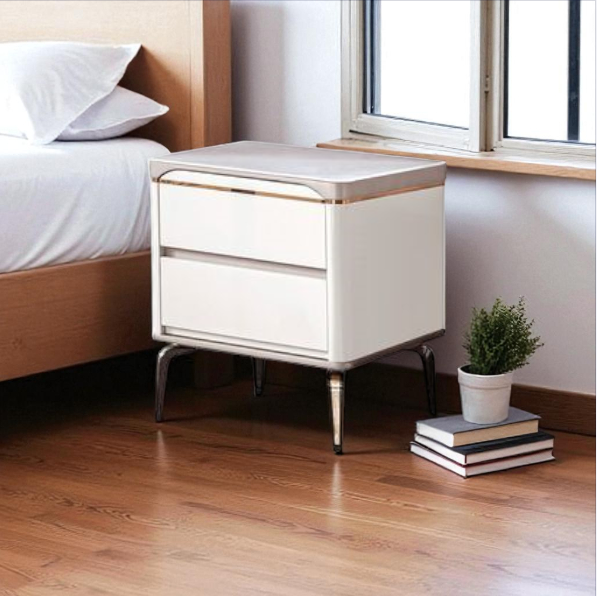Modern Bedside Table with Glass Top – White & Khaki Grey, 2-Drawer Nightstand