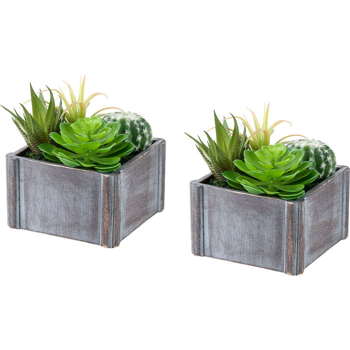 Succulent - 8" Artificial Plant (Set of 2) in a 7"X 7" Wood Pot