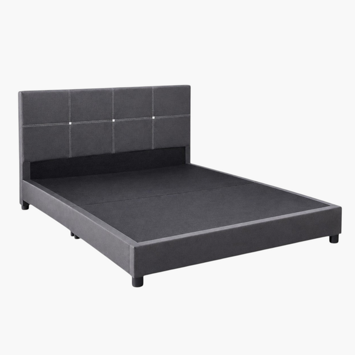 F31 Furniture Vensa queen platform bed frame in charcoal grey fabric with a tufted headboard and minimalist design.
